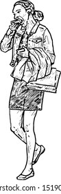 A female office worker having a quick sandwich lunch on the go. Hand drawn vector illustration. 
