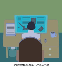 Female office worker at her computer desk. Working room section interior view. IT engineer and web designer workplace. Flat design template vector illustration. 