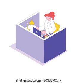 Female office worker at her work place isometric 3d icon in bright colors vector illustration