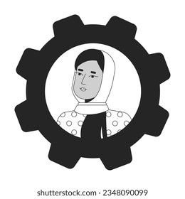 Female office worker in hijab black white cartoon avatar icon. Editable 2D character user portrait, linear flat illustration. Vector face profile cog gear. Outline person head and shoulders