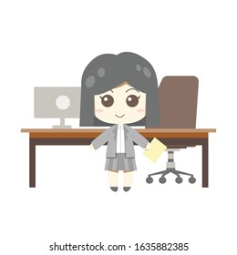 A female office worker holding a document standing in front of a chair and a desk with a computer. Vector illustration of cute flat cartoon design about working in the office.