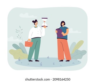 Female office worker holding hourglass. Employee and manager with clipboard flat vector illustration. Time management, organization, deadline concept for banner, website design or landing web page
