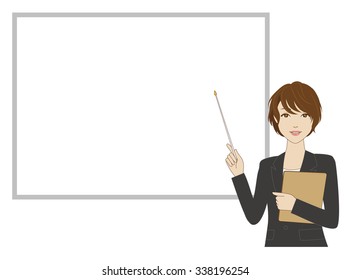 A female office worker holding a pointer in front of a whiteboard