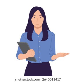 Female office worker holding a tablet and gesturing, cartoon businesswoman in blue shirt presenting or explaining, flat vector illustration on white background