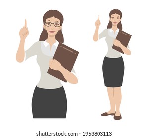 Female office worker holds a clipboard, points with hand. vector illustration flat cartoon style. 
Can be used as a secretary, consultant, lawyer, manager, teacher