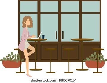 A female office worker lady sitting in front of a coffee shop drinking coffee. cartoon .use a laptop