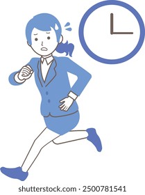 A female office worker looking at the clock and running in a hurry