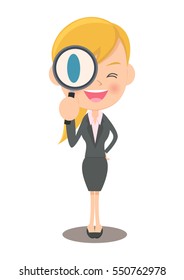 Female office worker with magnifying glasses