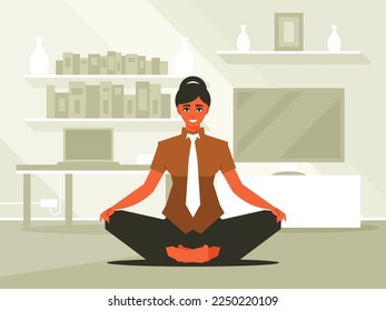 Female office worker meditating in lotus pose. Hold hands in yoga gesture, relaxing meditating. Vector illustration