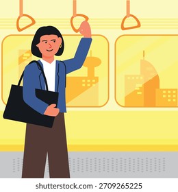 Trabajadora de oficina en el tren de pie durante el viaje
