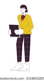 Trabajadora de oficina femenina con papel de línea plana vectorial de ilustración spot. Mujer con un personaje formal de dibujo animado 2D sobre blanco para diseño de interfaz de usuario web. Imagen editable de héroe de color aislado y colorido