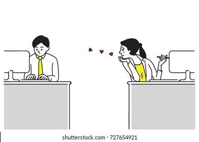 Female Office Worker Secretly Love Somebody In Office, Or One-sided Love, Having A Secret Crush On Him. Vector Illustration Character, Outline, Linear, Thin Line Art, Hand Drawn Sketch Design.