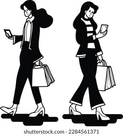 Female office worker shopping online from smartphone illustration in doodle style isolated on background