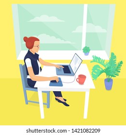 Female office worker is sitting at desk and working with laptop. Isolated on white background. Flat style stock vector illustration.
