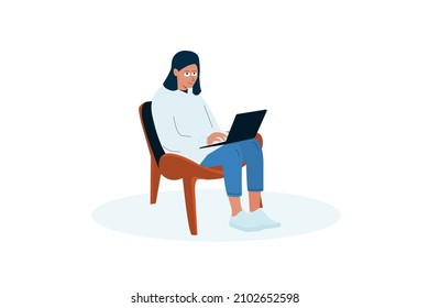 Female office worker sitting and working with laptop, Vector flat illustration