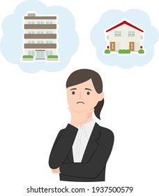 A female office worker in a suit. Illustration of a young woman suffering from a house and an apartment.