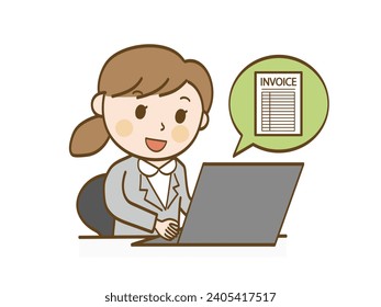 A female office worker in a suit preparing an invoice bill