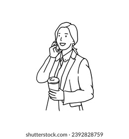 Female office worker talking on the phone while holding a take-out coffee cup.
Hand drawn style vector design line illustrations.