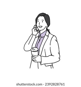 Female office worker talking on the phone while holding a take-out coffee cup.
Hand drawn style vector design line illustrations.