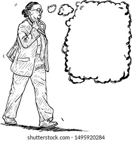 A female office worker walking to work with a blank thought bubble. Hand drawn vector illustration. 