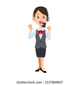 A female office worker wearing a uniform wearing a headset encourages