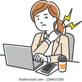 A female office worker who has a stiff shoulder due to computer work