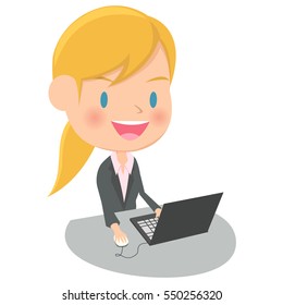 Female office worker who operates the computer happily