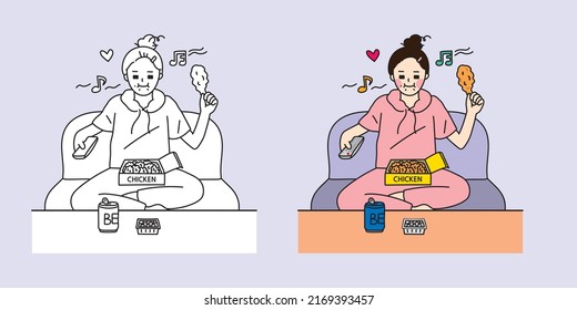 A female office worker who sits on the sofa after work and eats chicken and beer.