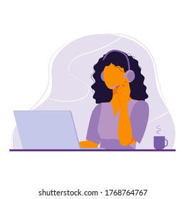 Female office worker. Woman in headphone talk on microphone and uses laptop, sitting at table. Personal assistant. Freelancer. Remote work. Vector flat illustration