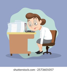 Female Office Worker Working Hard At Workplace. Busy Tired Office Worker Concept. Flat, Vector, Illustration, Cartoon, EPS10.   