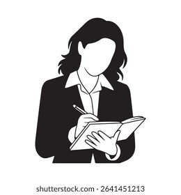 Female office worker writing in notebook, businesswoman taking notes, black and white silhouette, line art illustration for design