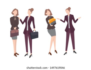 Female office workers, clerks or managers talking to each other, negotiating, discussing work issues, brainstorming. Vector illustration in flat cartoon style.