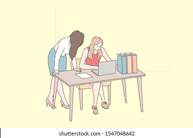 Female office workers concept. Colleagues chatting at workplace, lady boss monitoring employees performance, supervisor explaining work duties details to new coworker. Simple flat vector