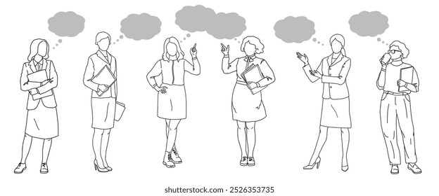 Female office workers holding documents in varies poses with speech or thought bubbles, black and white linear vector illustration minimalist line art