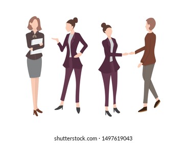 Female office workers, managers talking to each other, negotiating, discussing work issues, shaking hands, brainstorming. Vector illustration in flat cartoon style.