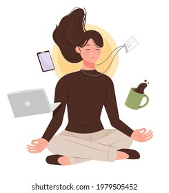 Female office workers practice mind-controlling meditation. Business concept vector illustration.