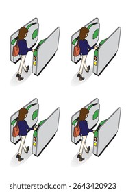 Female office workers trying to pass through an automatic ticket gate in various ways.
