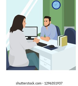 a female officer is discussing with a male client/customer in an office room surrounding with green wall and window glass.