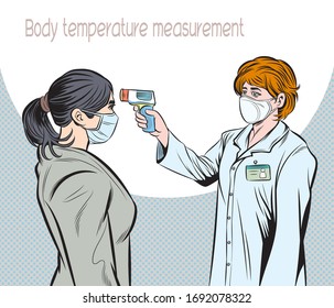 Female officers use body temperature measuring devices for people. Pop art hand drawn style vector design illustrations. 