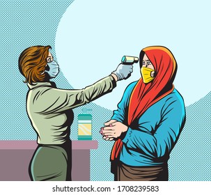Female officers use body temperature measuring devices for people. Pop art hand drawn style vector design illustrations.

