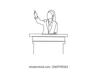 Female official on the podium. Official meeting, interview, communication with journalists, mass media. Person giving comments, speaking to reporters with microphones. Flat vector illustration