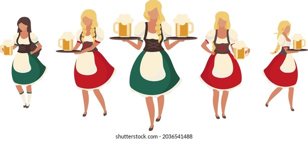 Female Oktoberfest beer servers semi flat color vector characters. Full body people on white. Waitresses wearing dirndls isolated modern cartoon style illustration for graphic design and animation