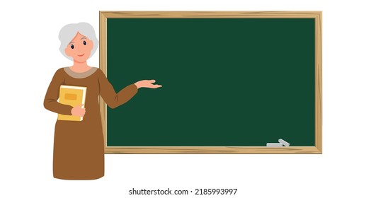 Female old teacher in classroom. School and learning concept, teacher's day. Cute vector illustration in flat cartoon style