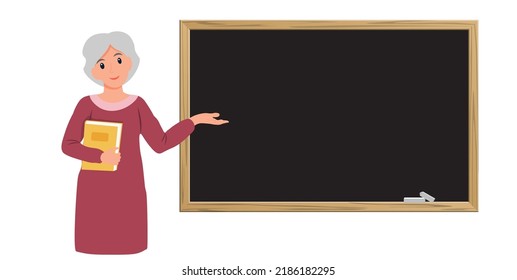 Female old teacher in classroom. School and learning concept, teacher's day. Cute vector illustration in flat cartoon style