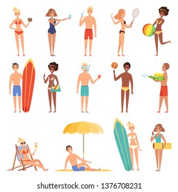 Female on beach. Summer vacation or holidays people playing and sunbath sitting on deckchairs hot sun vector characters