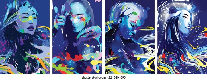 Female on blue abstract background with colorful paint, splatter and shapes. Suitable for greeting cards, fabrics, wrappers, postcards, banners.
