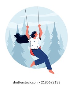 Female on swing. Young girl have rest outdoors, character on playground among trees. Active lifestyle and recreation, leisure. Peaceful carefree woman on nature. Cartoon flat vector illustration