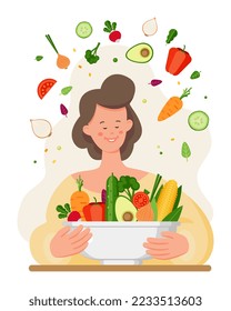 The female is on a vegan diet with fruits and vegetables. Healthy eating concept