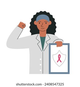 Female oncologist showing be strong. African American woman doctor holding result with breast cancer. Medical character studying mammography examination. Personage hand drawn flat vector illustration