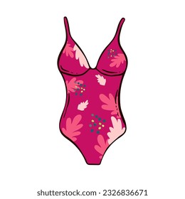 Female one-piece swimsuit. Modern blue swimwear with bright multicolor pattern. Women swimming clothes. Flat colorful vector illustration isolated on white background,